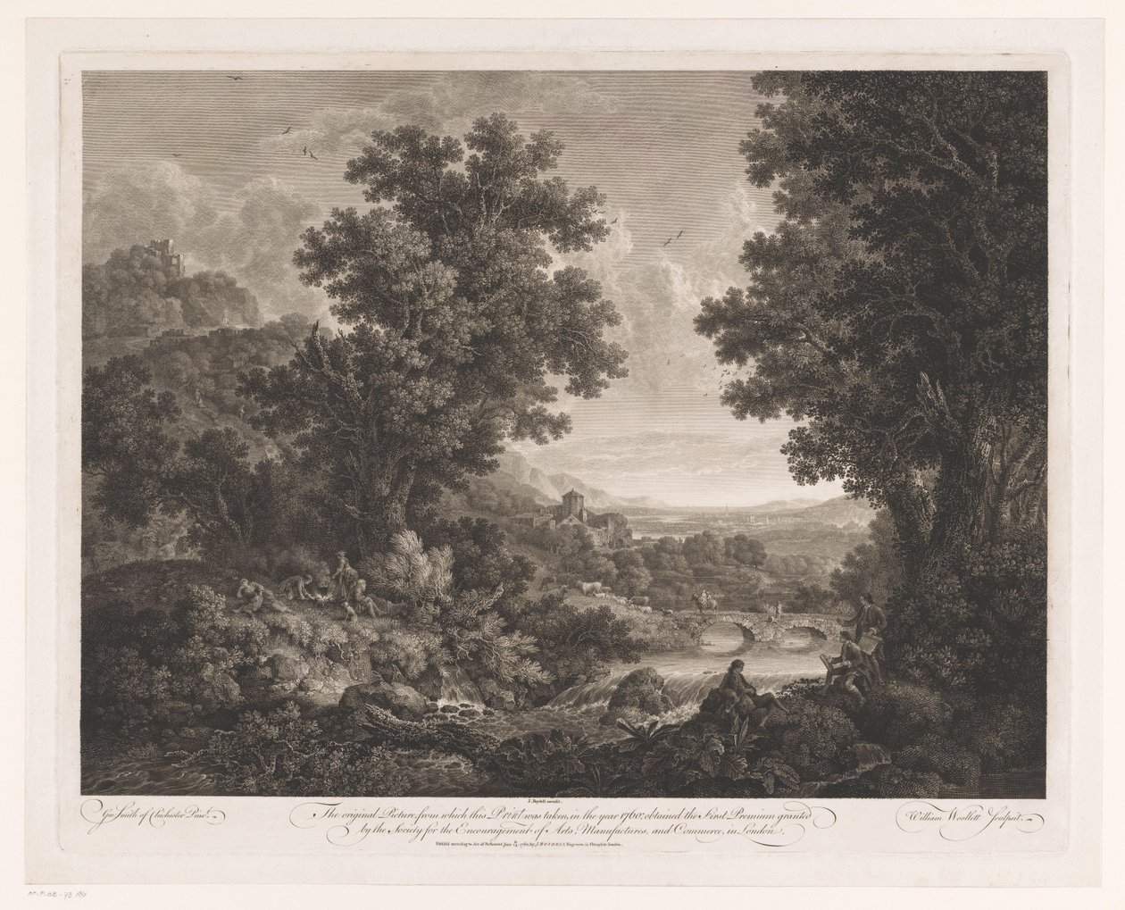 Paisaje con figuras alrededor de un fuego y un dibujante y chirimía en la orilla de un río Primer Paisaje Premium de William Woollett