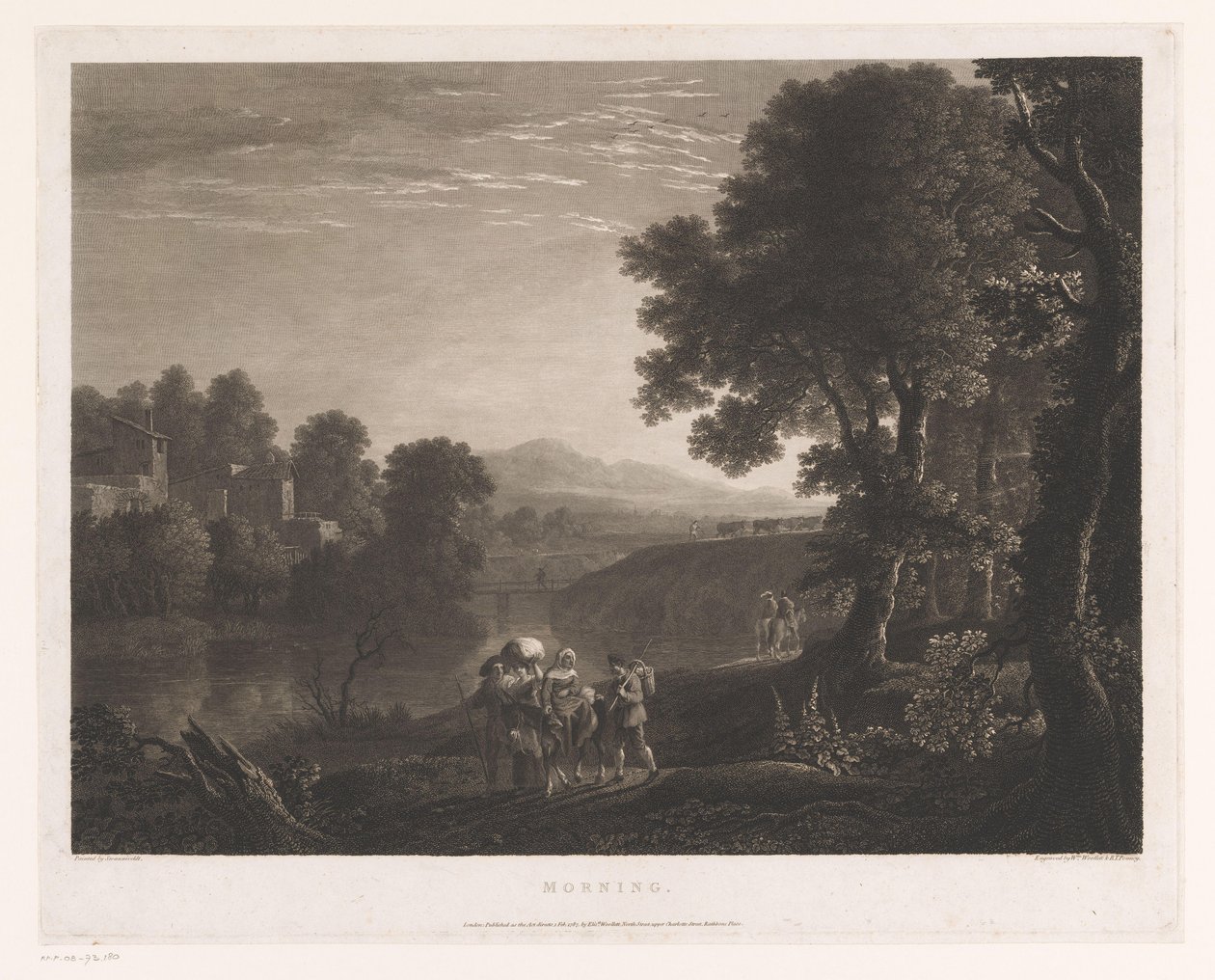 paisaje con pastores y mujer en mula en la orilla de un río Mañana (título en objeto) de William Woollett