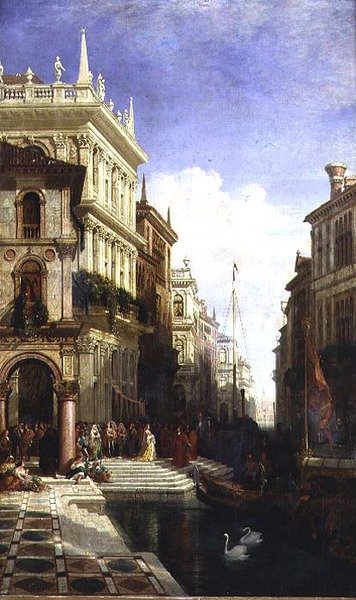 Vista caprichosa de Venecia con una princesa siendo mostrada a una góndola en la parte trasera de la Scuola di San Marco de William Wyld