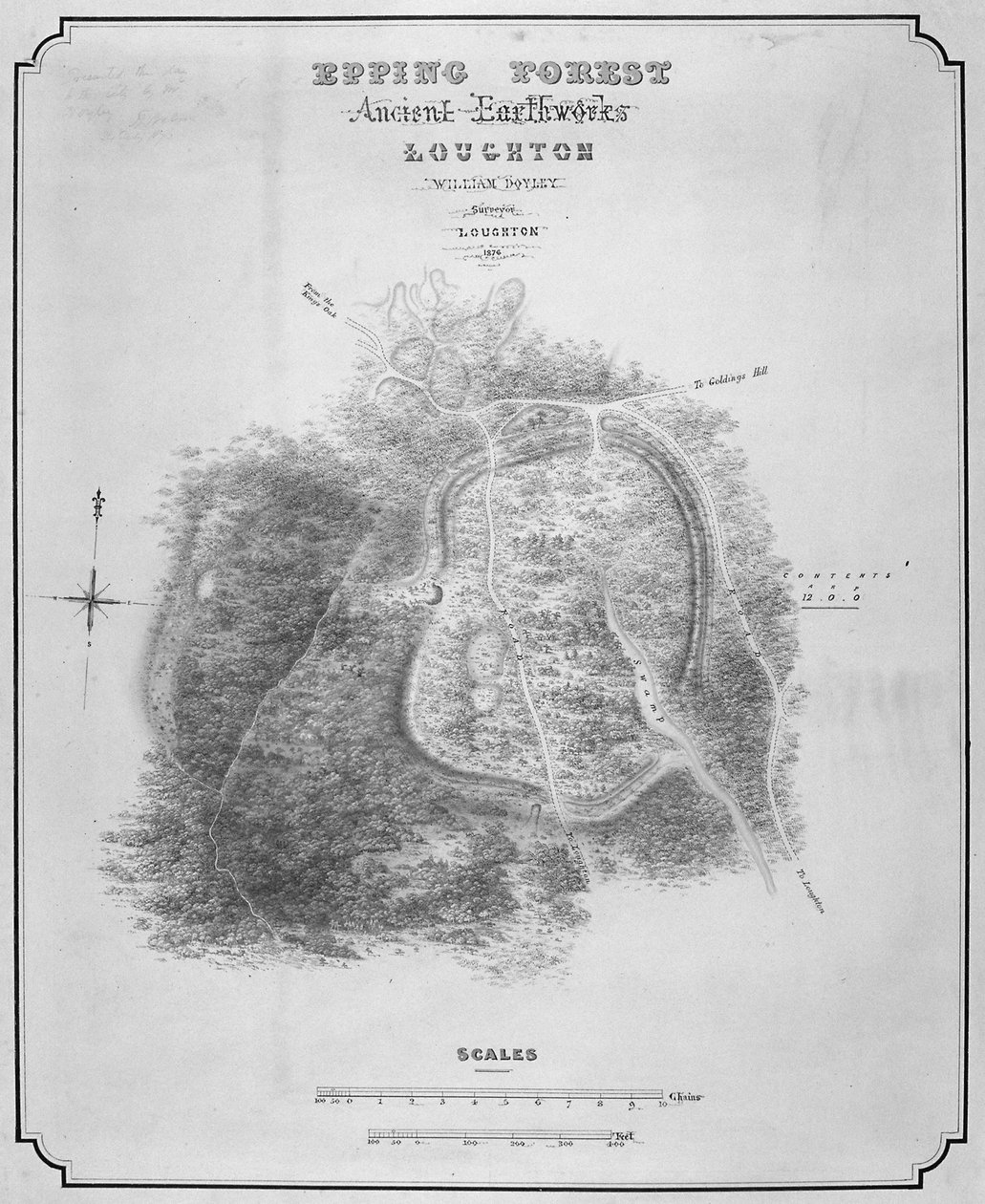 Mapa de las antiguas obras de tierra en Loughton Camp, alrededor del año 52 d.C. en Epping Forest, Essex de William d