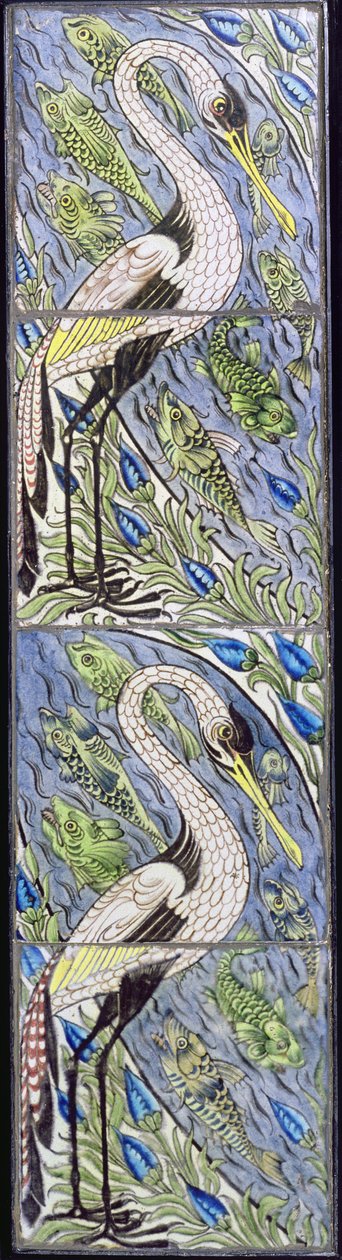 Cuatro azulejos que representan aves pescadoras de William de Morgan