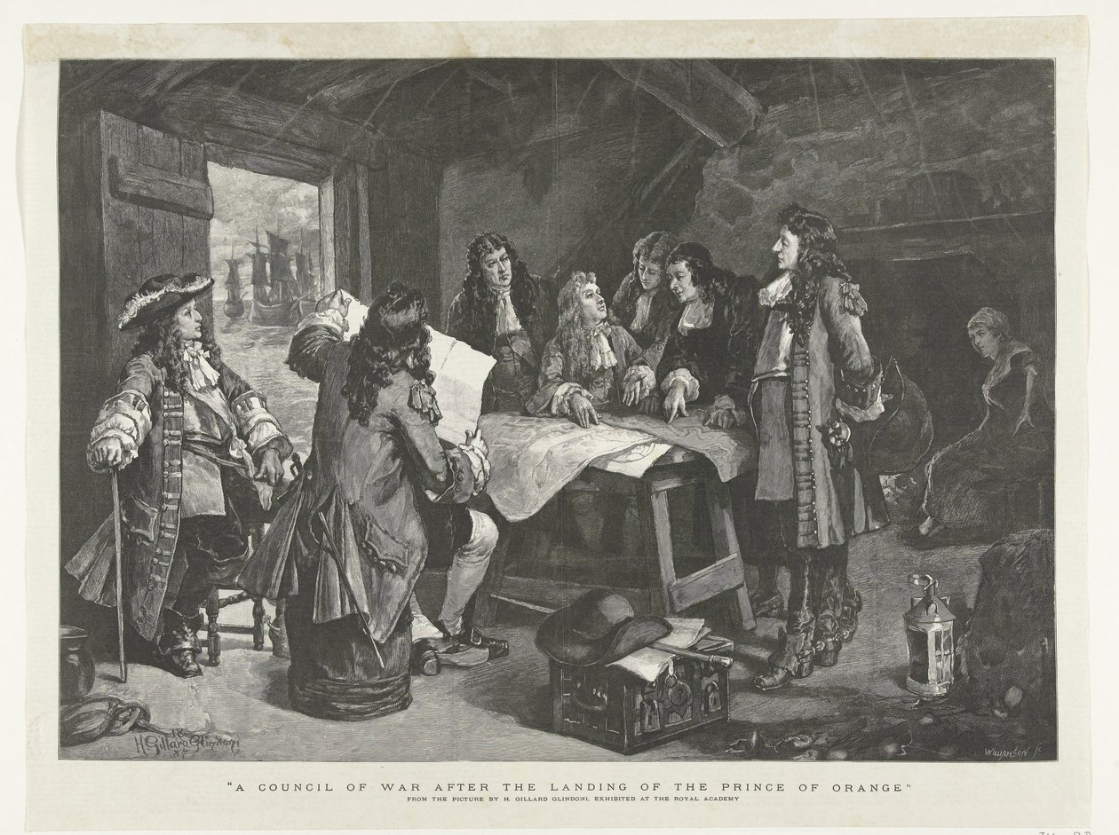 Guillermo III celebra consejo de guerra en la cabaña de un pescador, 1688 Un consejo de guerra tras el desembarco del Príncipe de Orange (título sobre el objeto) de Williamson