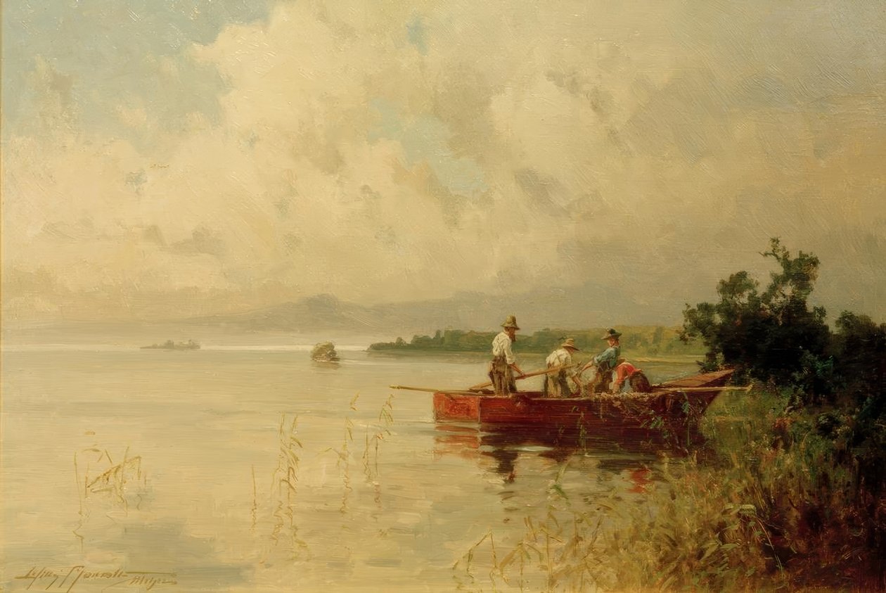 Pescadores en la orilla veraniega del lago Chiemsee de Willy Moralt