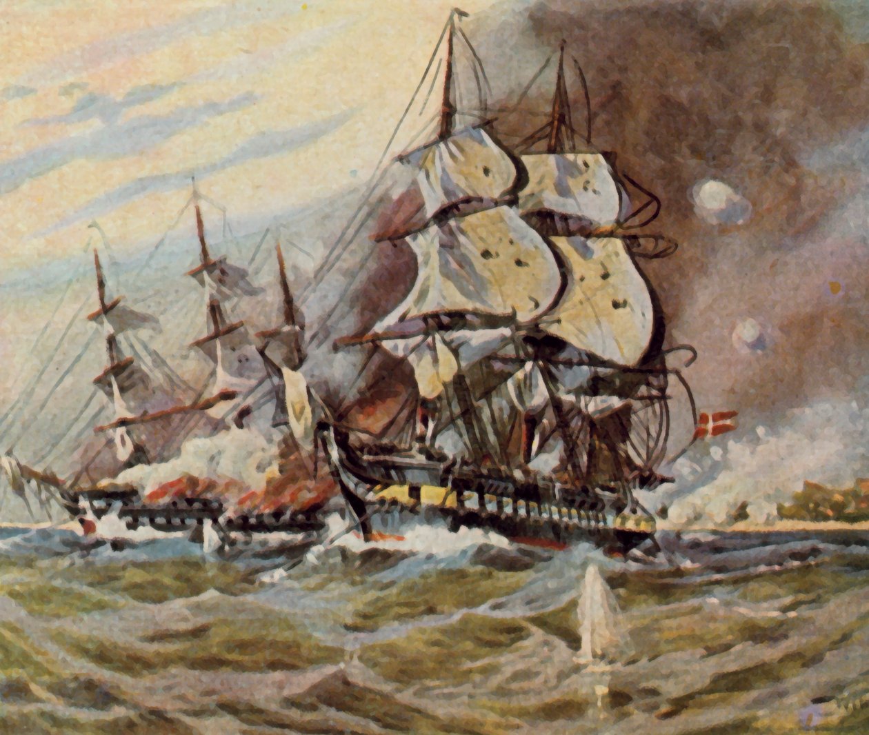 Baterías de playa alemanas cerca de Eckernförde, 5 de abril de 1849 (litografía en color mejorada) de Willy Stower