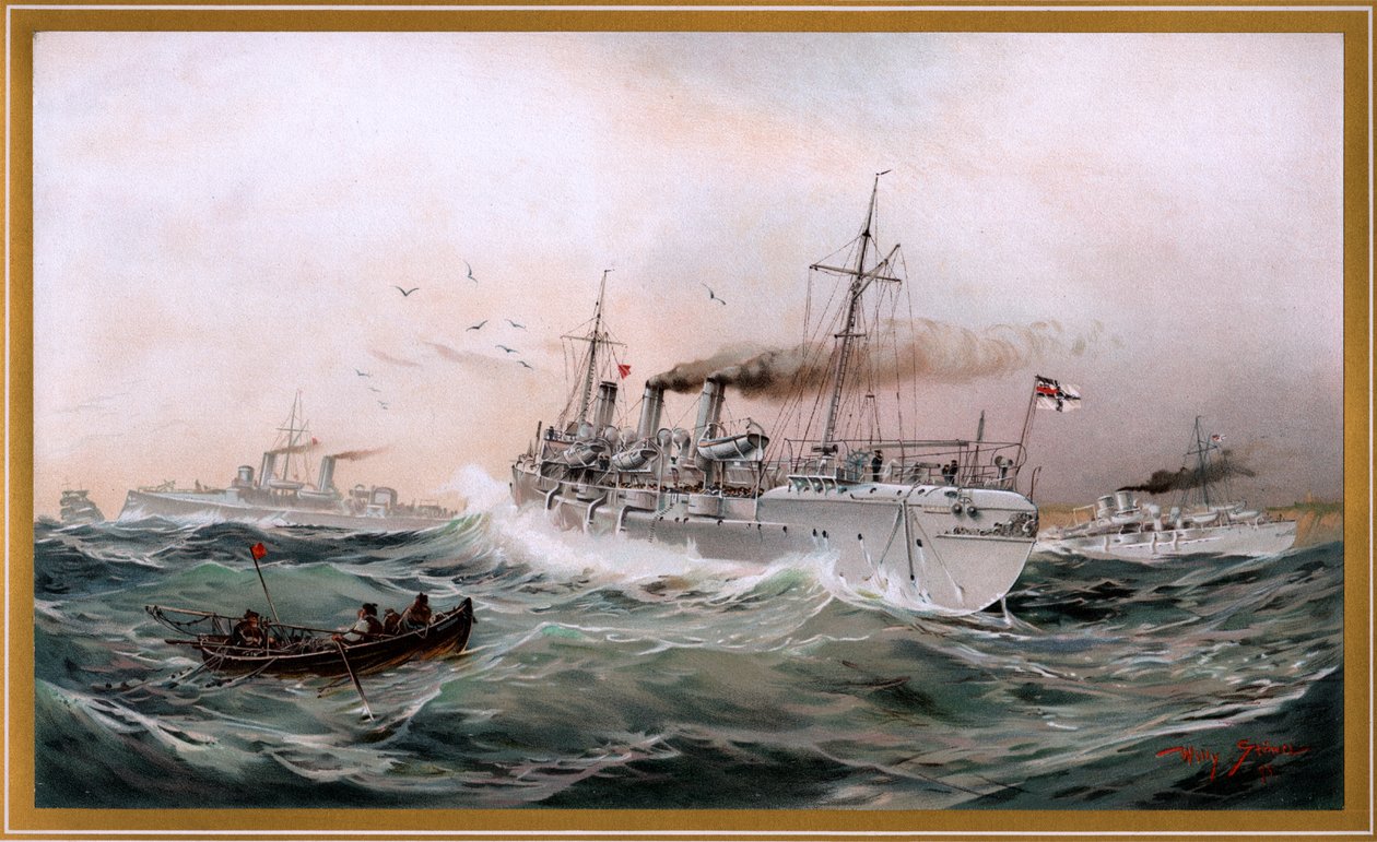 Imperial Navy Griffin, Meteor and Jagd spähen bei Brüsterort, cromolitografía de Willy Stöwer 1894, nr9 de G. Wislicenus, Unsre Kriegsflotte. de Willy Stöwer