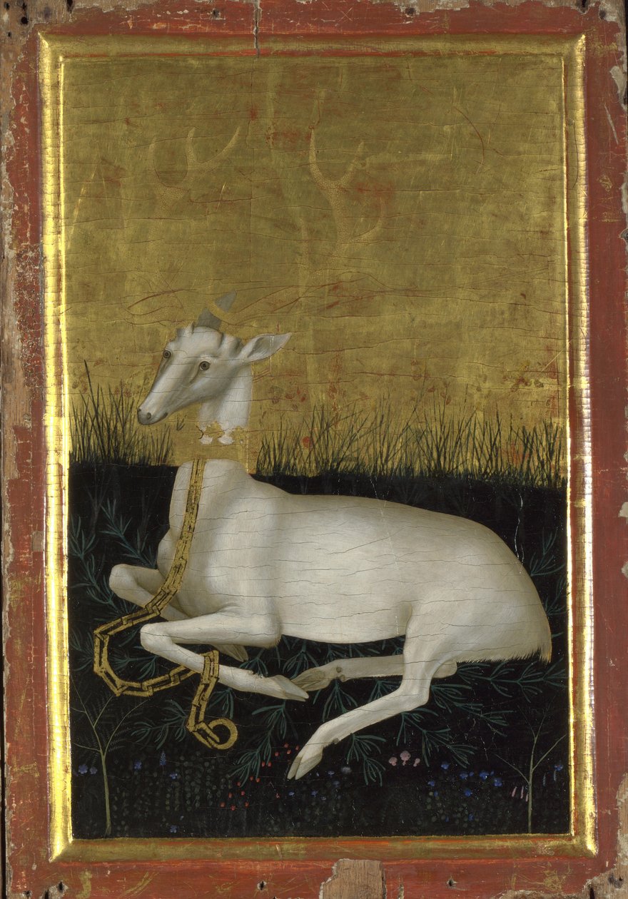 Un ciervo blanco encadenado con una corona alrededor de su cuello El panel exterior del Díptico de Wilton, entre 1395 y 1399 de Wilton Master
