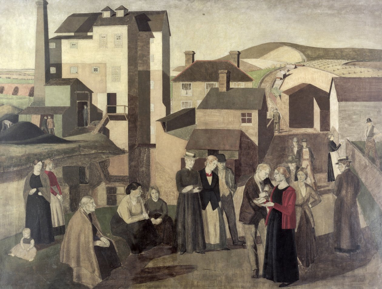 Una escena en una calle del pueblo con, manos de molino conversando de Winifred Knights