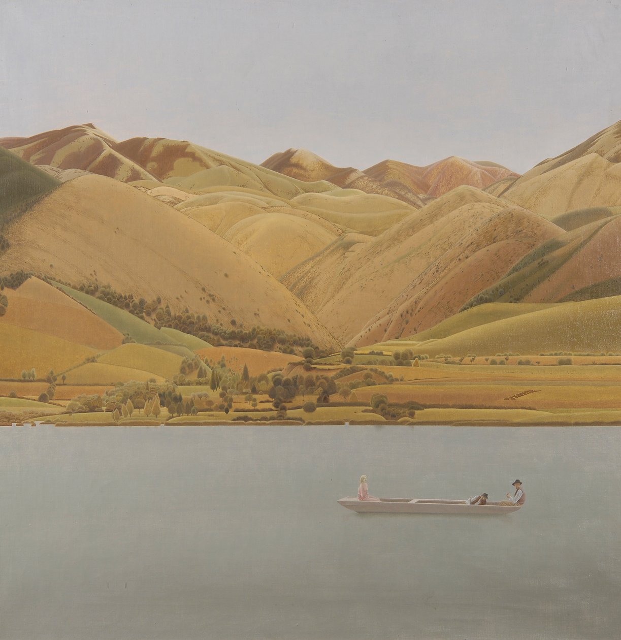 Borde de los Abruzos: Barco con tres personas en un lago de Winifred Knights