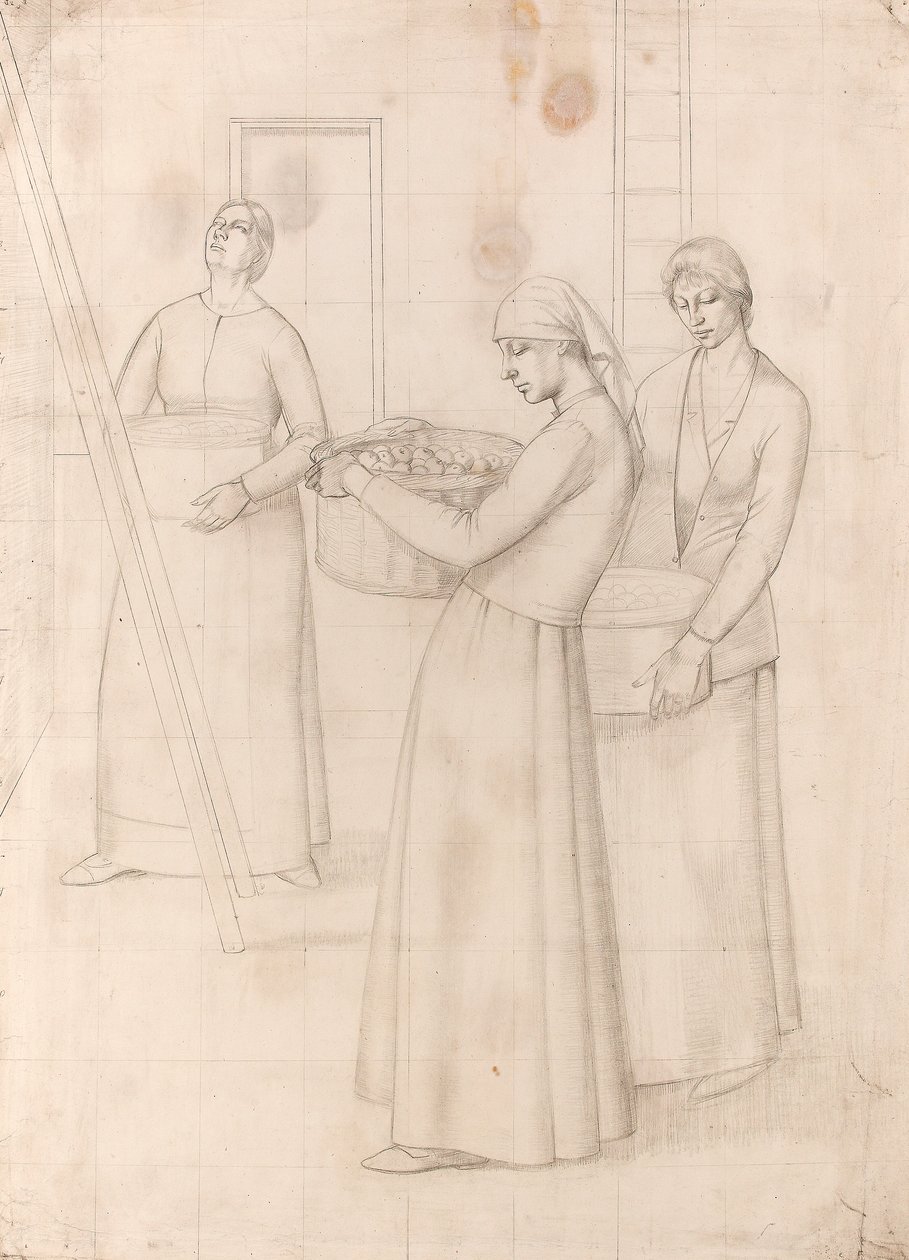Estudio para "Diseño para decoración mural" - Tres mujeres con cestas de manzanas, c.1918 (lápiz sobre papel) de Winifred Knights
