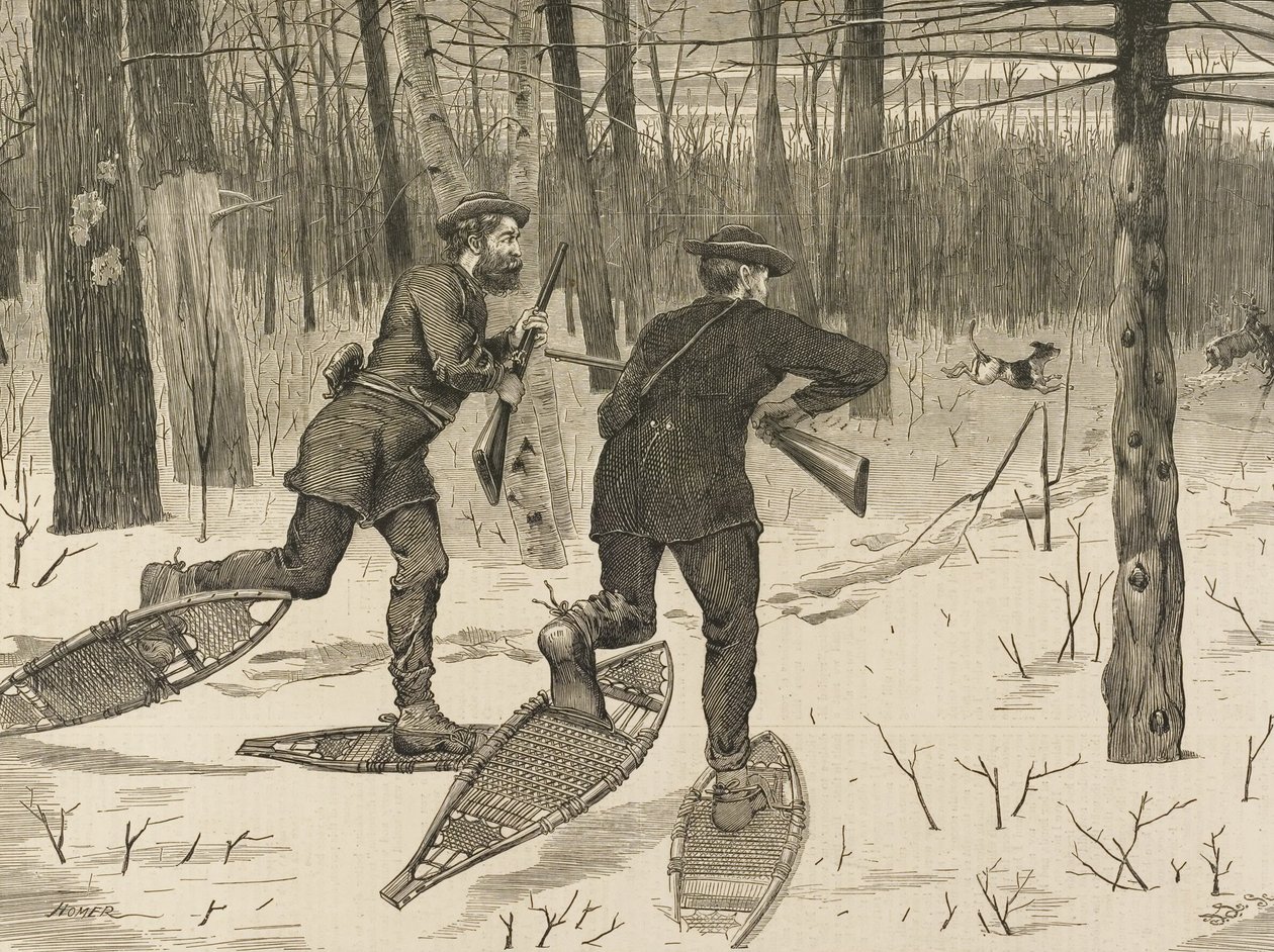 Caza de ciervos en los Adirondacks en invierno, de Every Saturday, 21 de enero de 1871, p. 57 de Winslow Homer