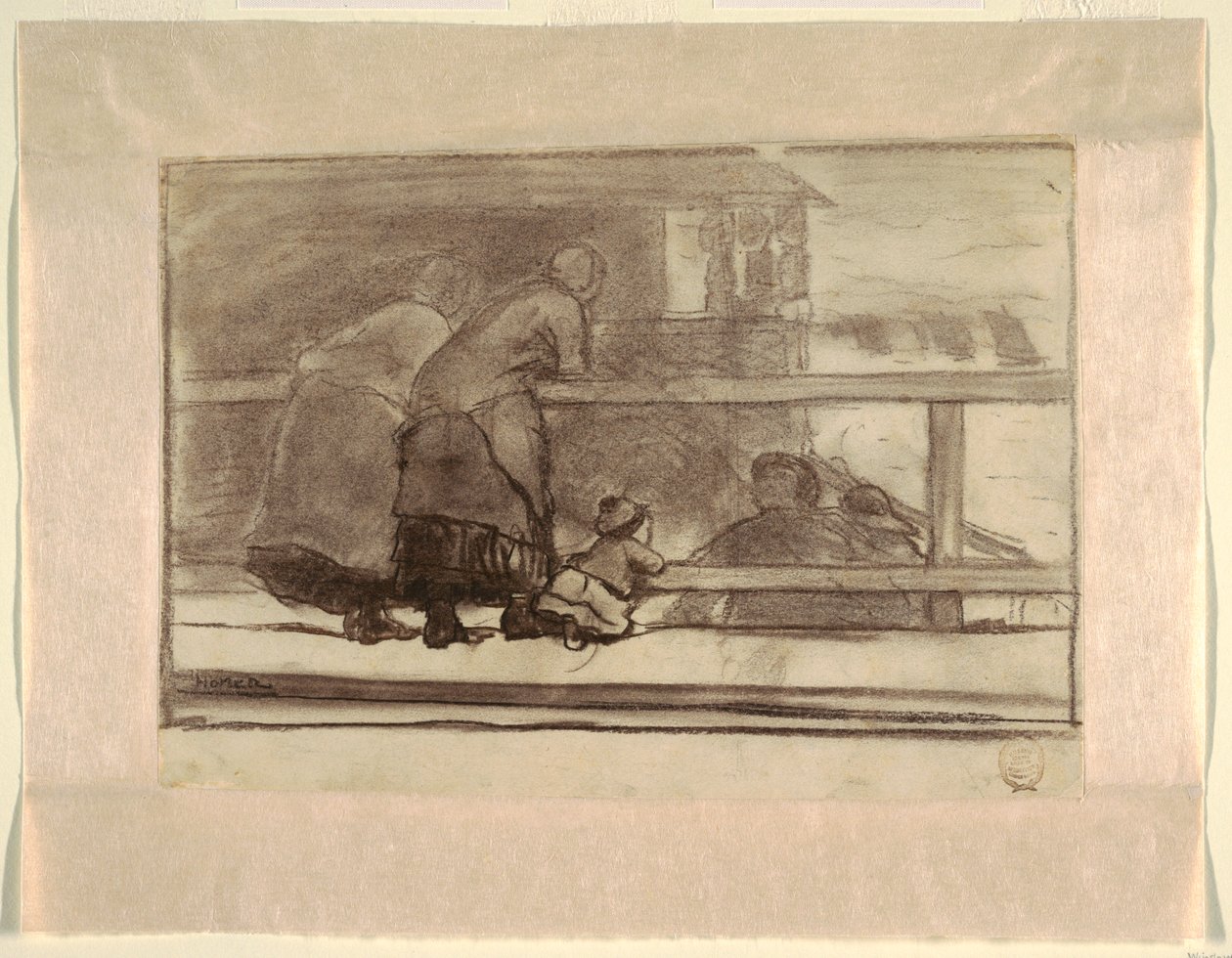 Dos mujeres y un niño en una barandilla, mirando la playa en Tynemouth de Winslow Homer