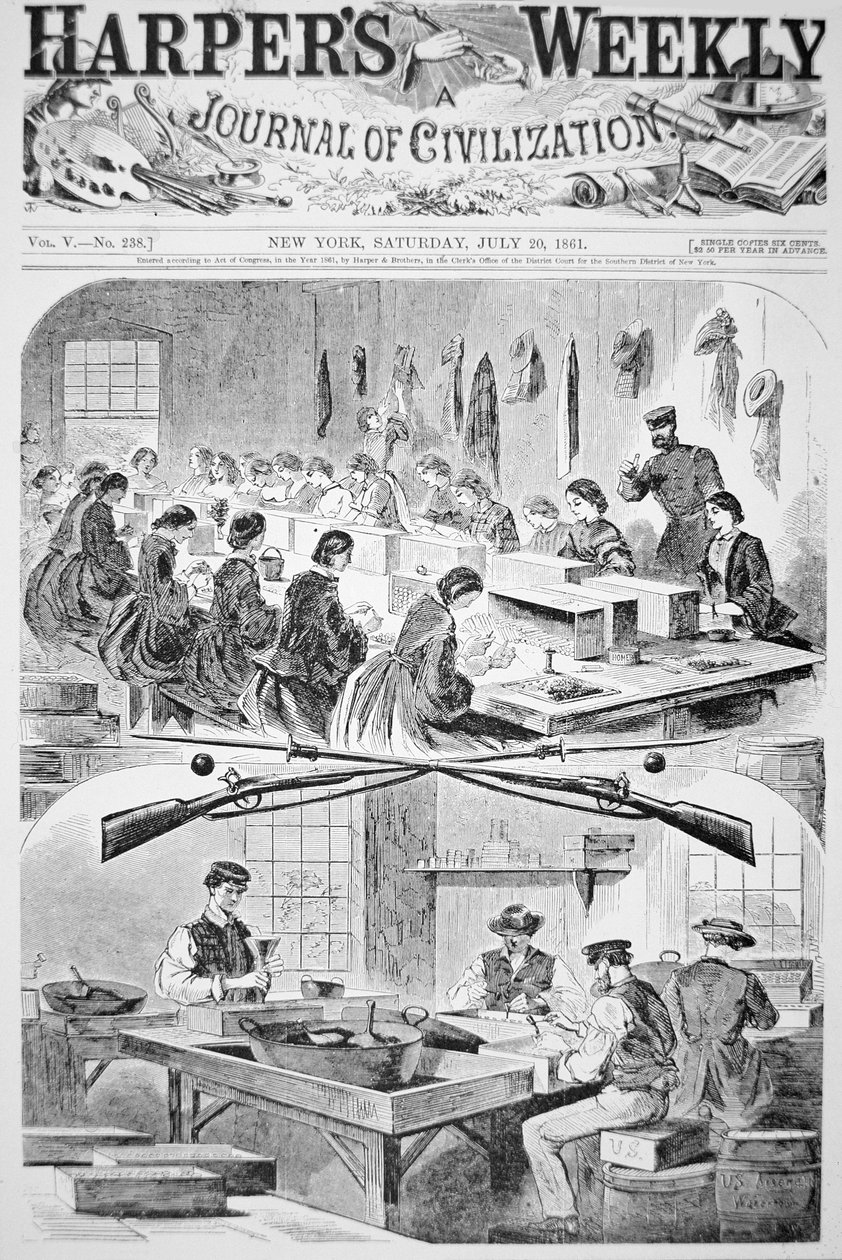 Hombres y mujeres llenando cartuchos en el arsenal de Watertown, Massachusetts, de 