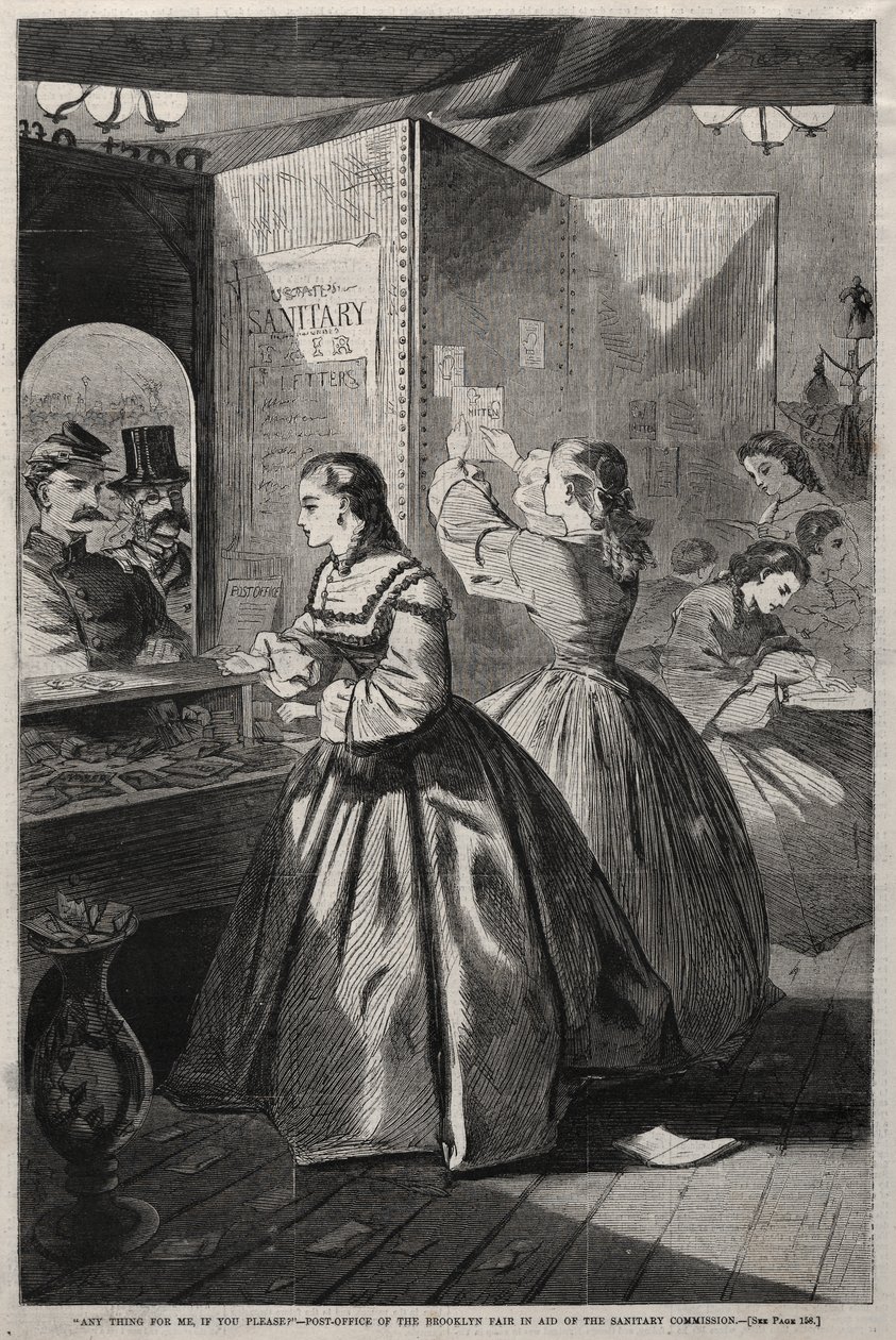 «¿Hay algo para mí, por favor» - Oficina de correos de la Feria de Brooklyn a beneficio de la Comisión Sanitaria de Winslow Homer
