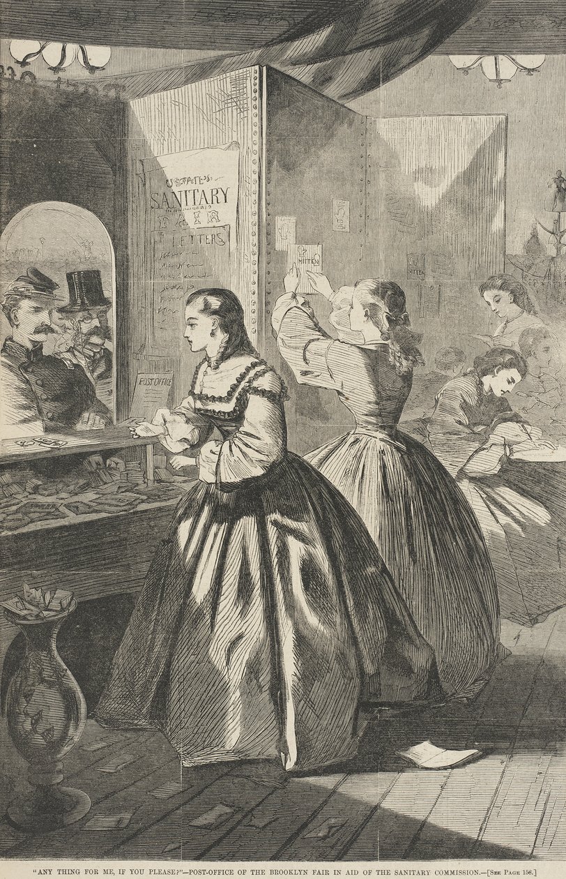«¿Hay algo para mí, por favor» - Oficina de correos de la Feria de Brooklyn a beneficio de la Comisión Sanitaria de Winslow Homer
