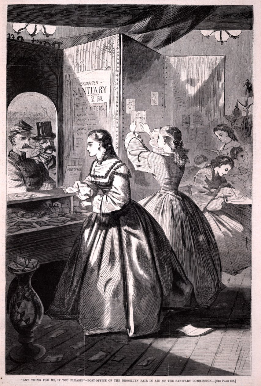 «¿Hay algo para mí, por favor» — Oficina de correos de la Feria de Brooklyn, de Harper’s Weekly, 5 de marzo de 1864 de Winslow Homer