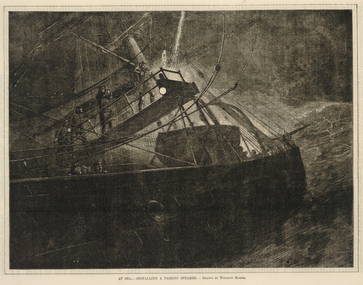 At Sea--Signalling a Passing Steamer, de Every Saturday, 8 de abril de 1871 de Winslow Homer