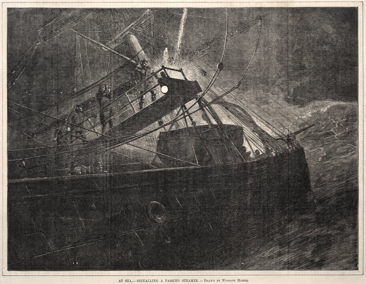 En el mar, señalización a un vapor que pasa de Winslow Homer