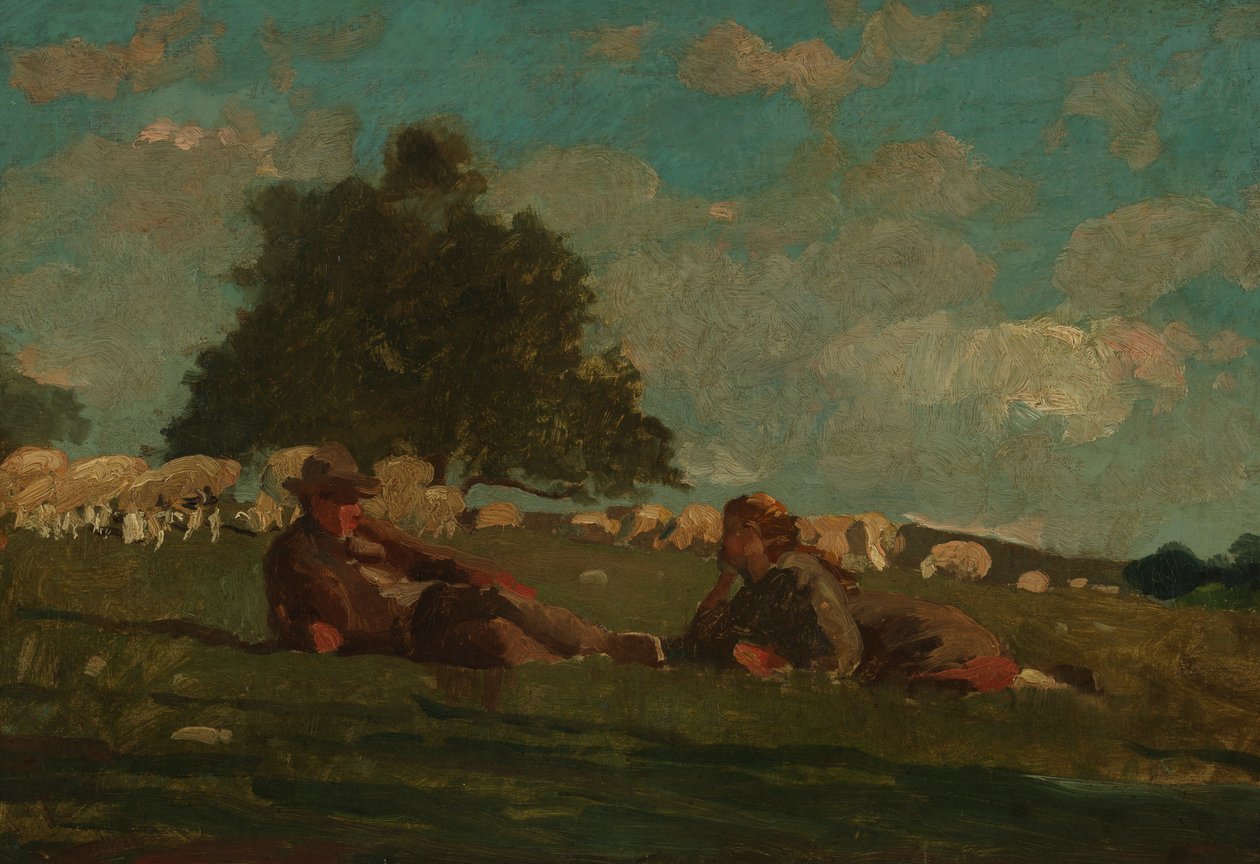 Niño y niña en un campo con ovejas de Winslow Homer