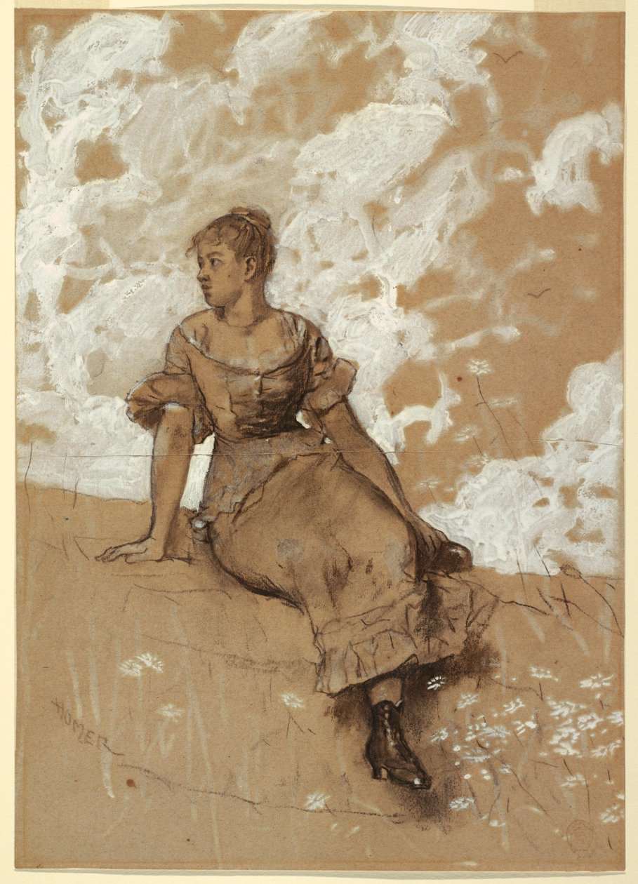 Dibujo, Una muchacha sentada; estudio para "El muro del jardín", 1878 de Winslow Homer