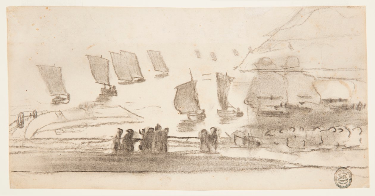 Dibujo, Escena de playa con gente y barcos de pesca, Cullercoats, Inglaterra, 1881-82 de Winslow Homer