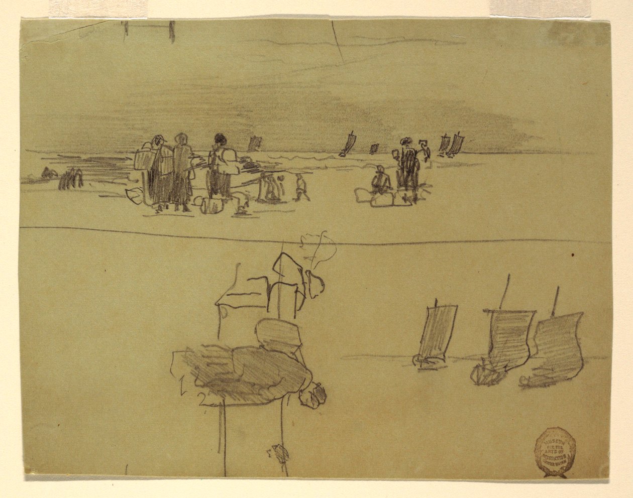 Dibujo, Escena de playa con mujeres llevando cestas, Cullercoats, Inglaterra, 1881-82 de Winslow Homer