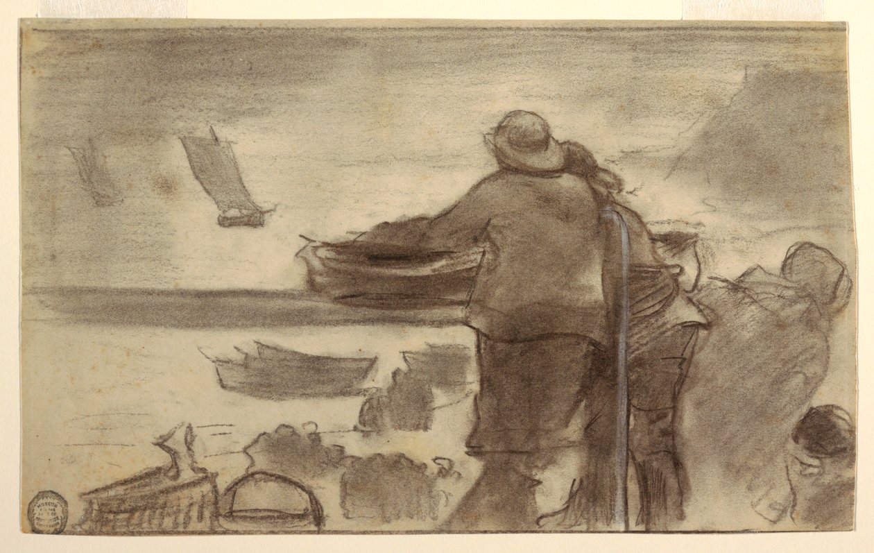 Dibujo, Playa con barcos y gente, Cullercoats, Inglaterra, 1881-82 de Winslow Homer