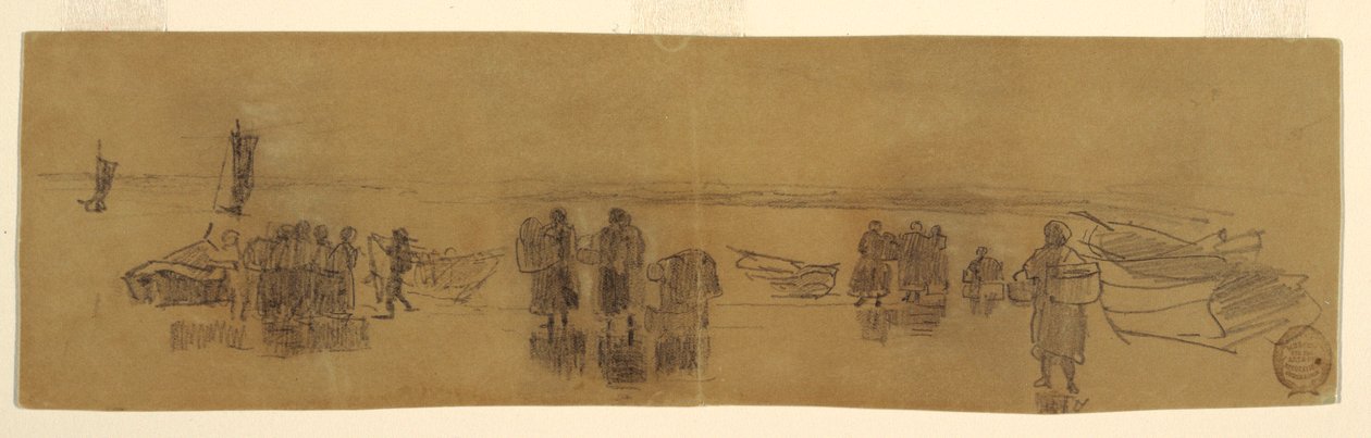 Dibujo, Playa con cuatro barcas de pesca, Cullercoats, Inglaterra, 1881-82 de Winslow Homer