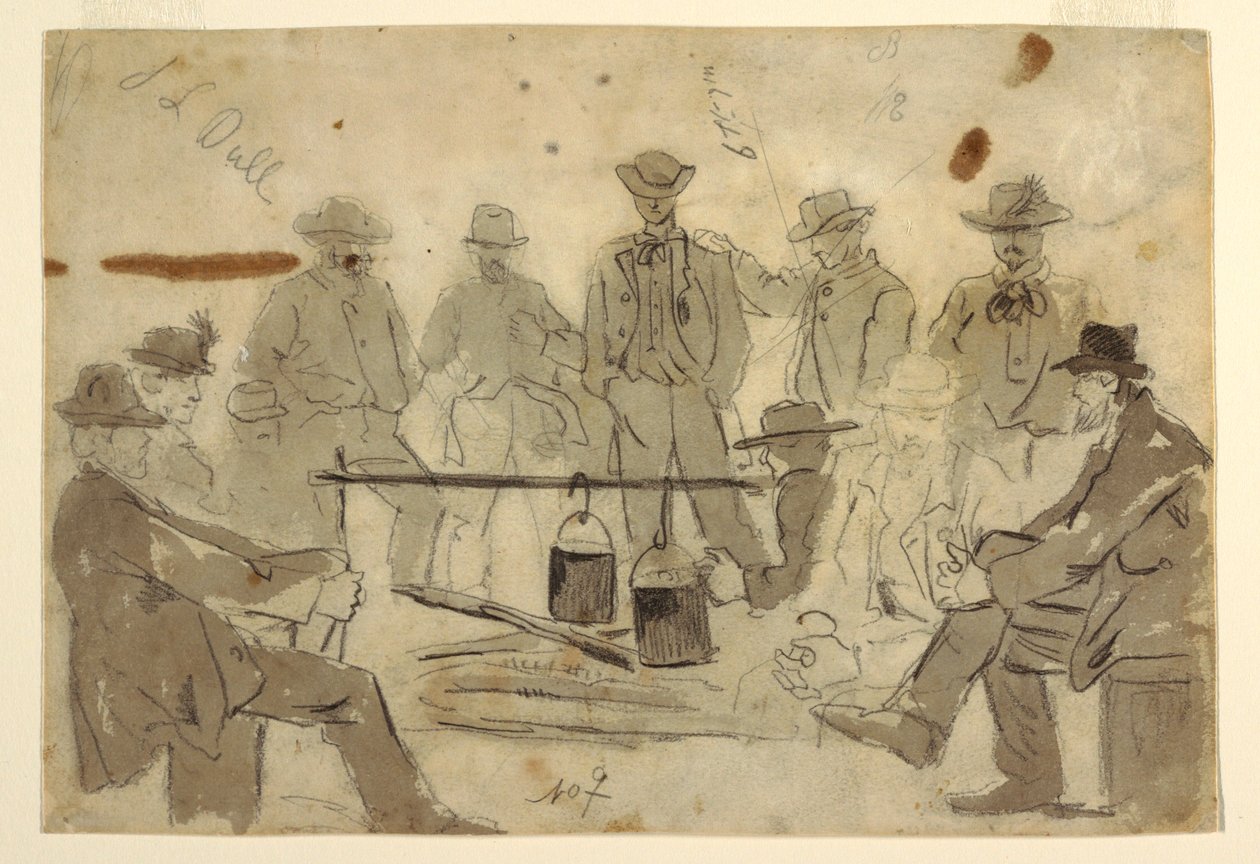 Dibujo, hoguera con soldados agrupados alrededor, 1862 de Winslow Homer