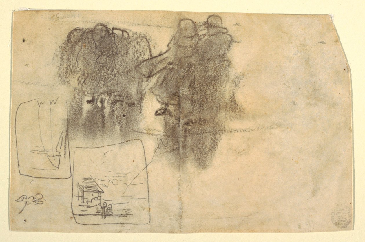 Dibujo, Figuras en Lee de un edificio con el océano más allá, Cullercoats, Inglaterra, 1881 de Winslow Homer