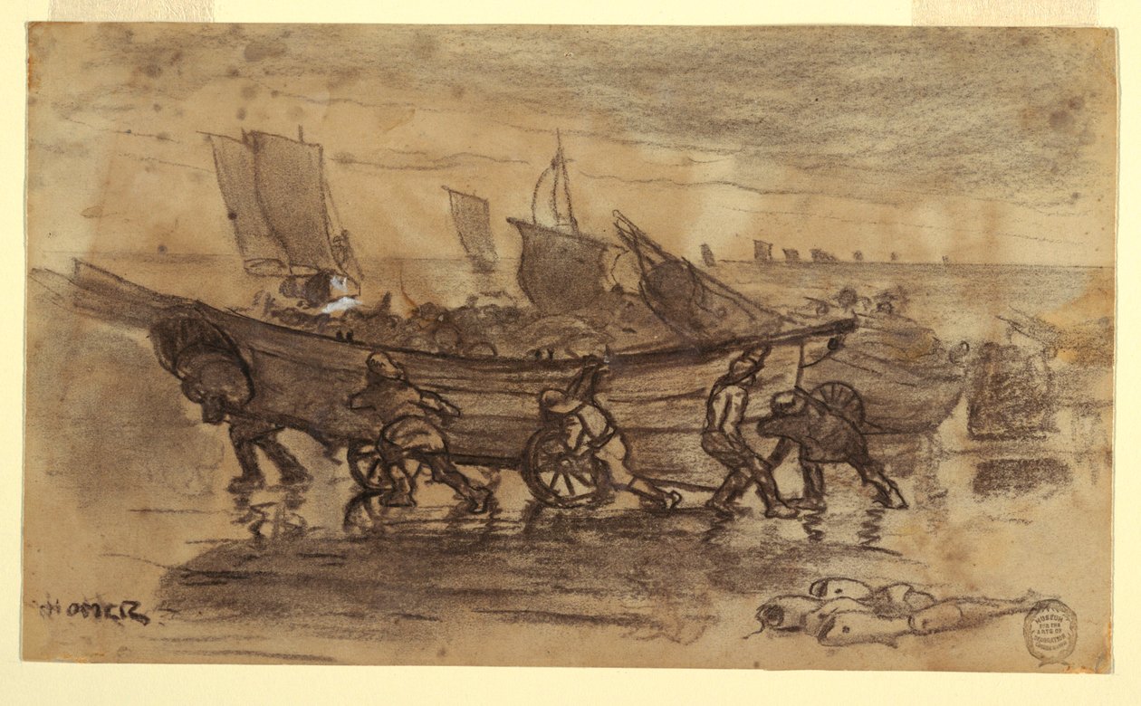 Dibujo, Pescadores varando un esquife, Cullercoats, Inglaterra, 1881 de Winslow Homer