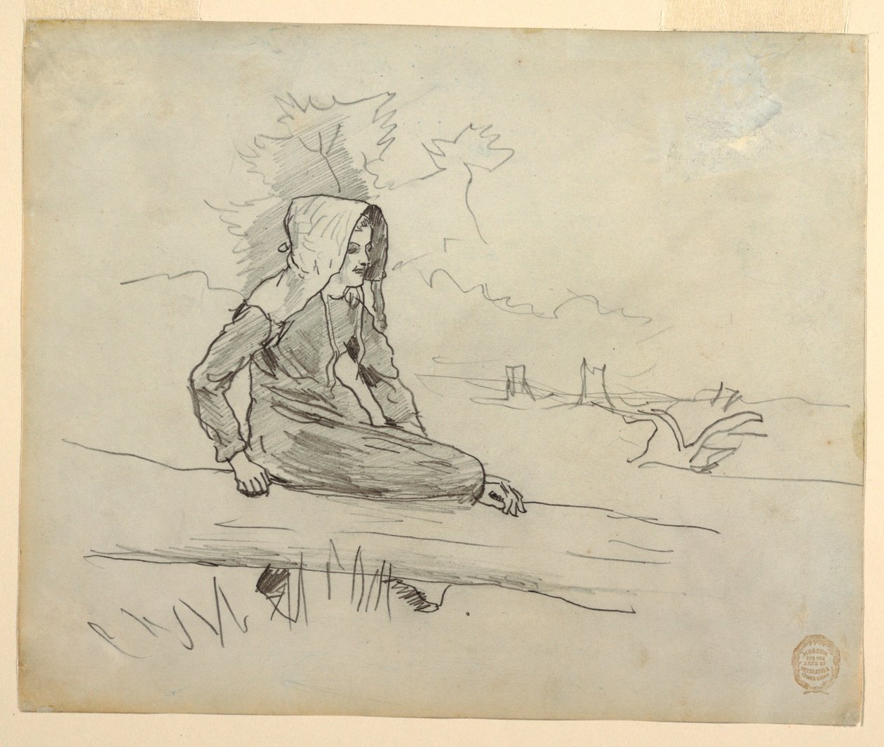 Dibujo, Niña sentada en un tronco de árbol, 1879 de Winslow Homer