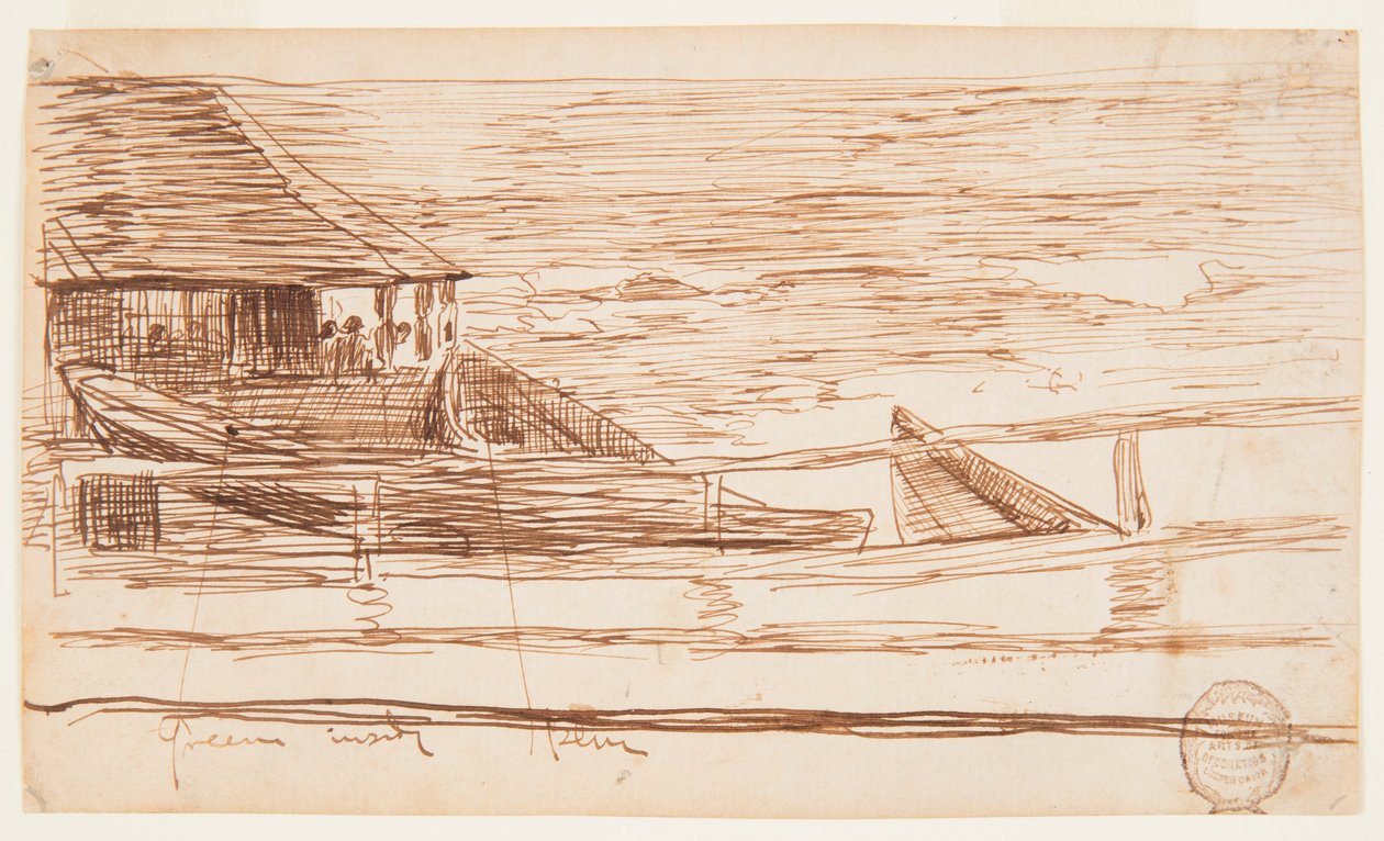 Dibujo, Casa en una barandilla con patos varados, Cullercoats, Inglaterra, 1881 de Winslow Homer