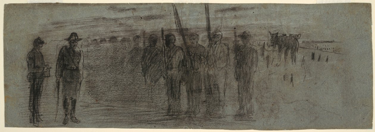 Dibujo, Oficial y ayudante inspeccionando una escuadra, posiblemente 1864 de Winslow Homer