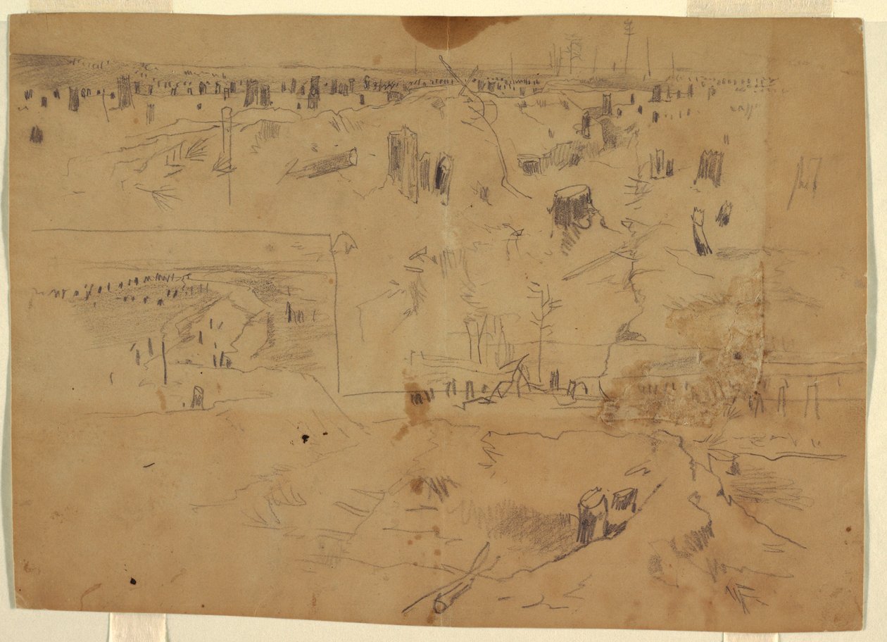 Dibujo, Estudios de un campo de batalla con tocones y troncos de árboles destruidos, Petersburg, Virginia. 1864 de Winslow Homer