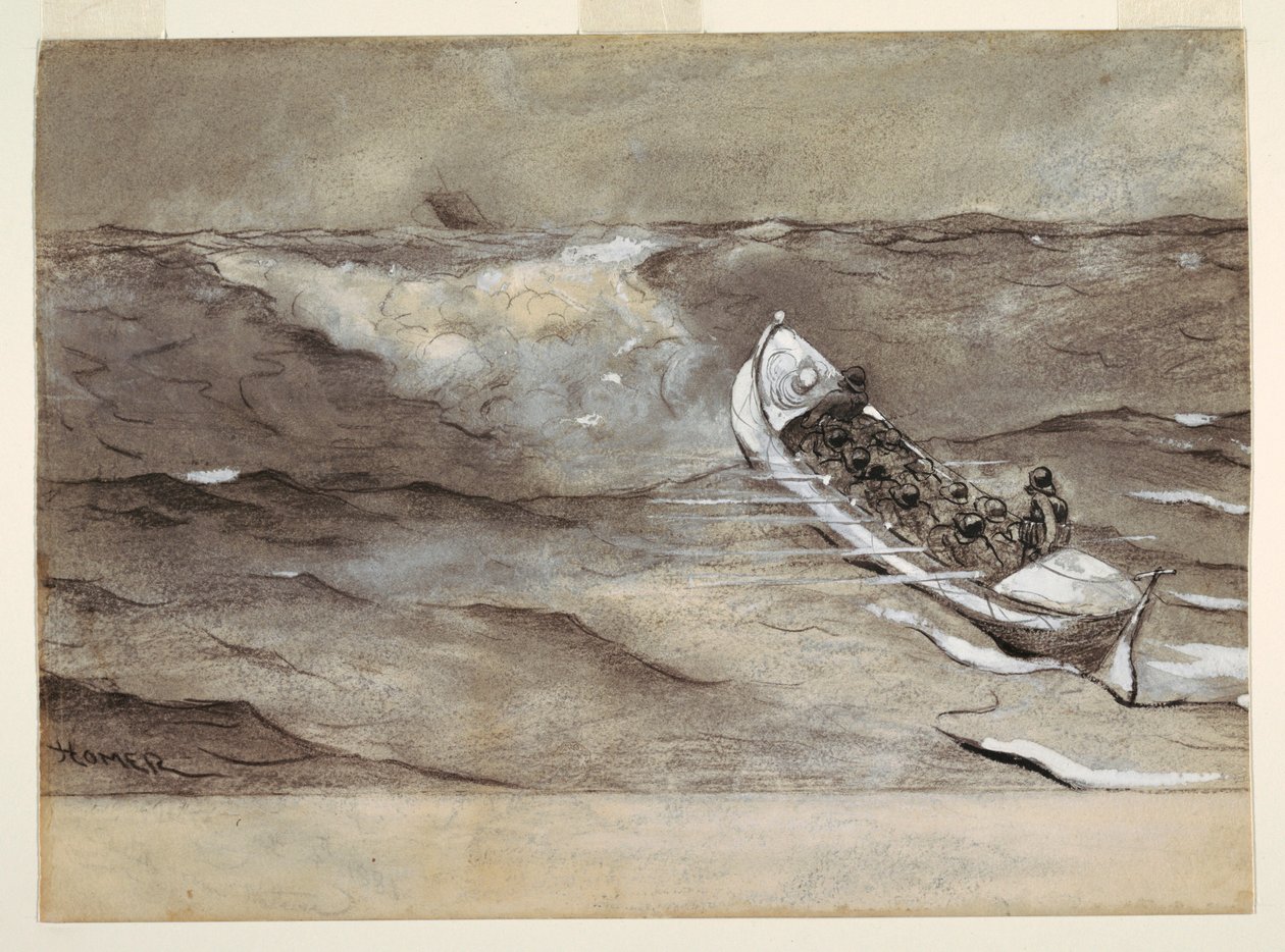 Dibujo, El bote salvavidas, estudio para acuarela, "Naufragio del 