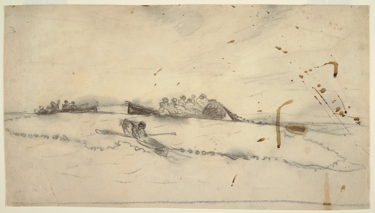 Dibujo, Tres barcos con pescadores tendiendo una red, 1881-82 de Winslow Homer