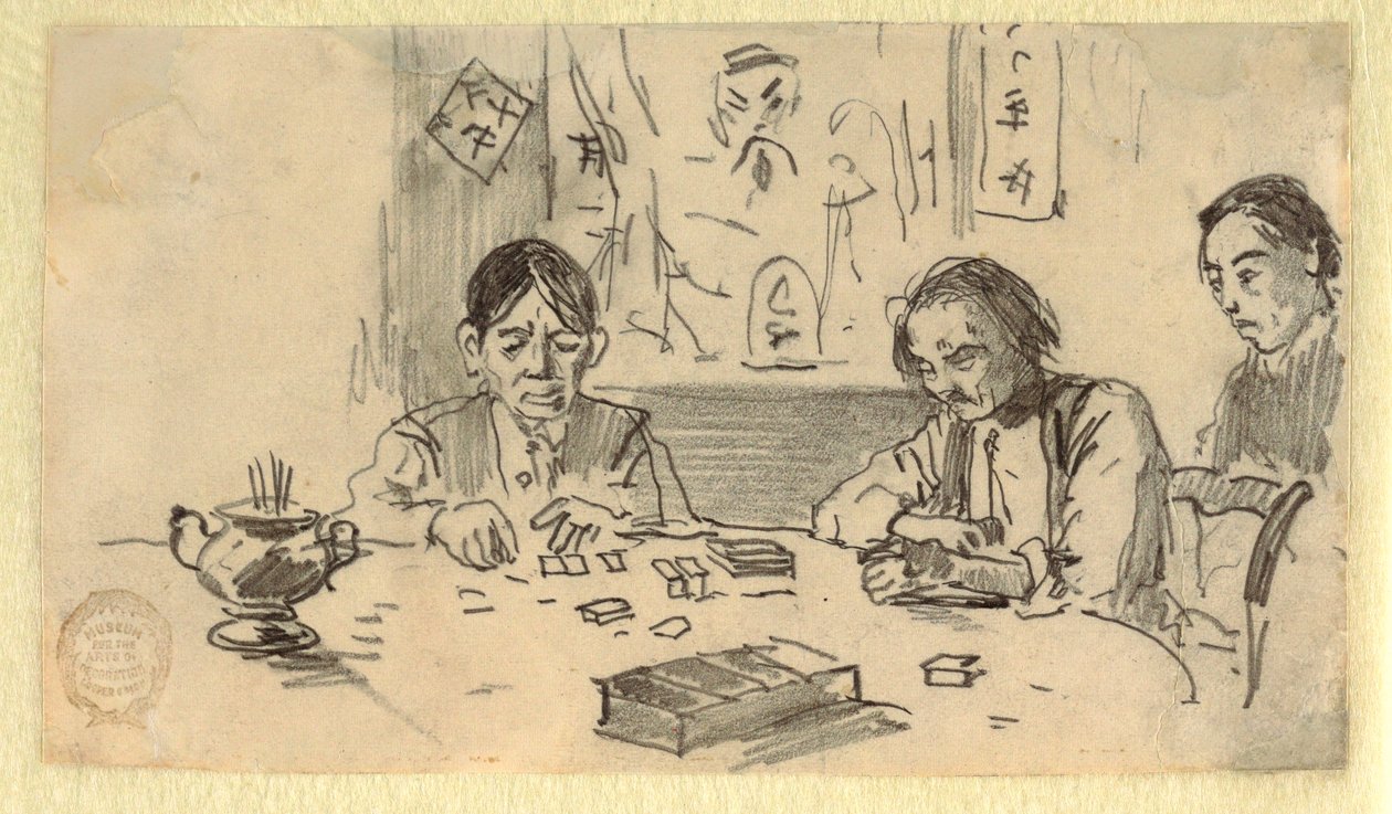 Dibujo, Tres chinos jugando al dominó en un club de Baxter Street, Nueva York, ca. 1874 de Winslow Homer