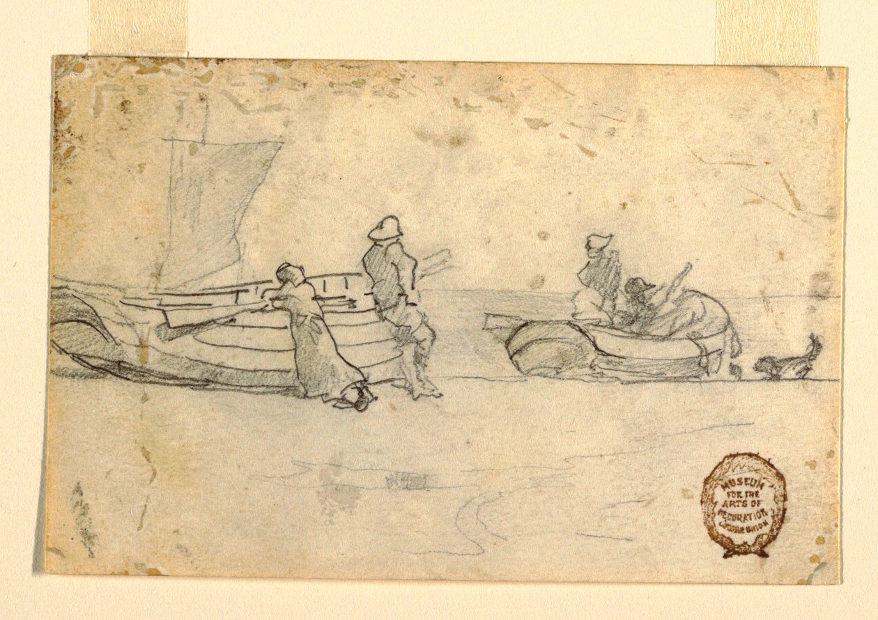 Dibujo, Dos barcos en la playa con figuras, Cullercoats, Inglaterra, 1881-82 de Winslow Homer