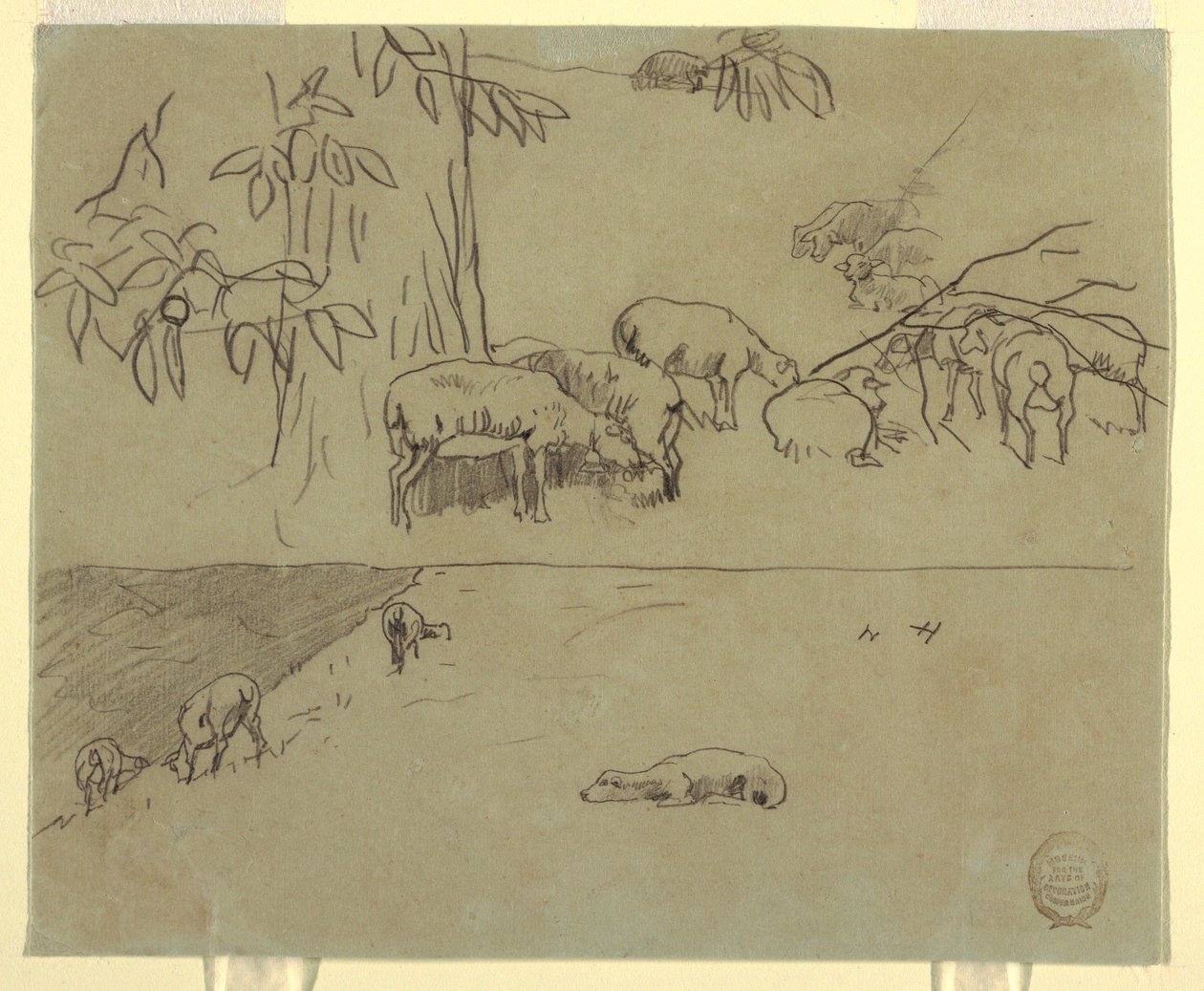 Dibujo, Dos vistas de ovejas pastando en un campo, probablemente 1875-78 de Winslow Homer