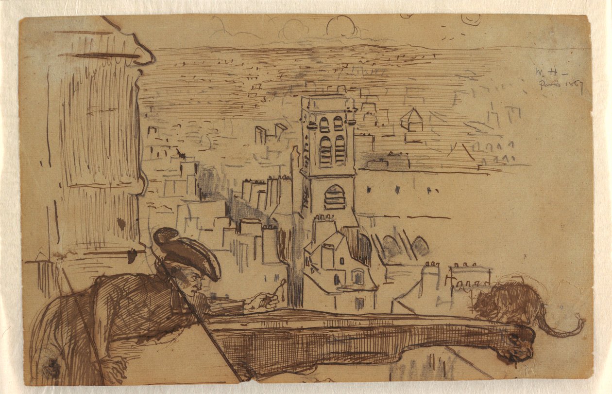 Dibujo, Vista de París con un parapeto de la torre de la catedral de Notre Dame, 1867 de Winslow Homer