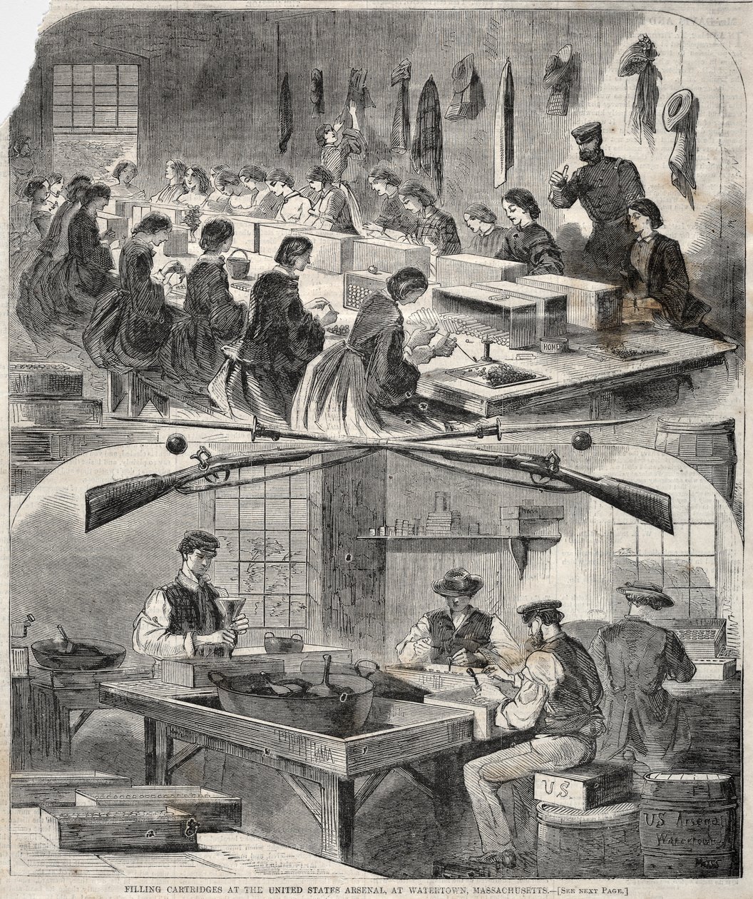 Llenado de cartuchos en el Arsenal de los Estados Unidos, en Watertown, Massachusetts de Winslow Homer