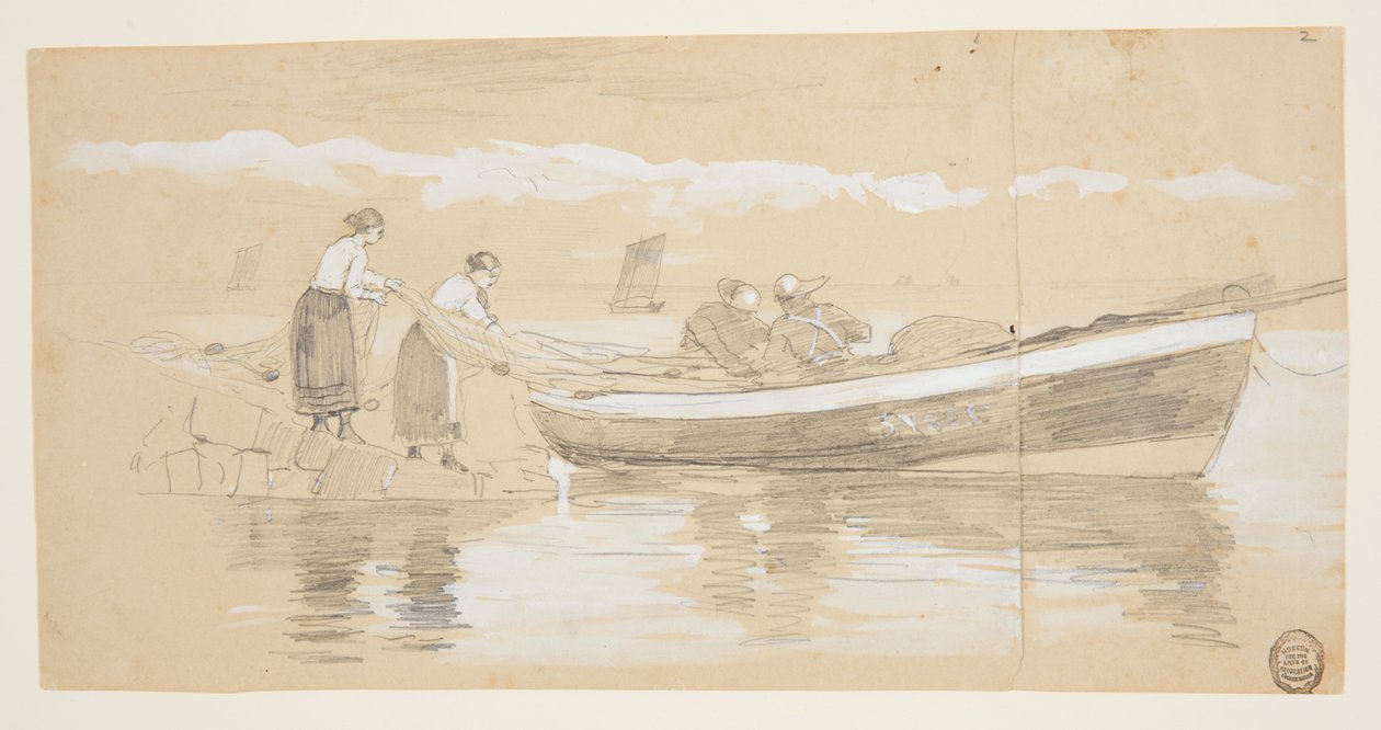 Pescador y mujeres guardando redes en un bote varado, Cullercoats, Inglaterra de Winslow Homer