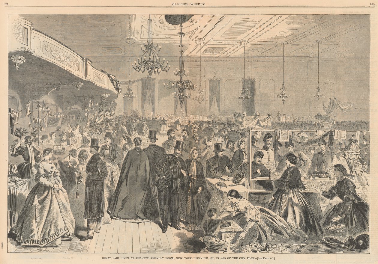 Gran feria dada en los salones de actos de la ciudad, Nueva York, diciembre de 1861, en ayuda de los pobres de la ciudad; de Harper de Winslow Homer