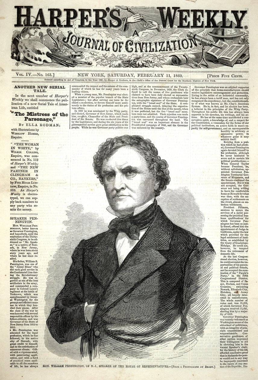 El honorable William Pennington, de Nueva Jersey, presidente de la Cámara de Representantes, en una ilustración de *Harper’s Weekly*, 11 de febrero de 1860 de Winslow Homer