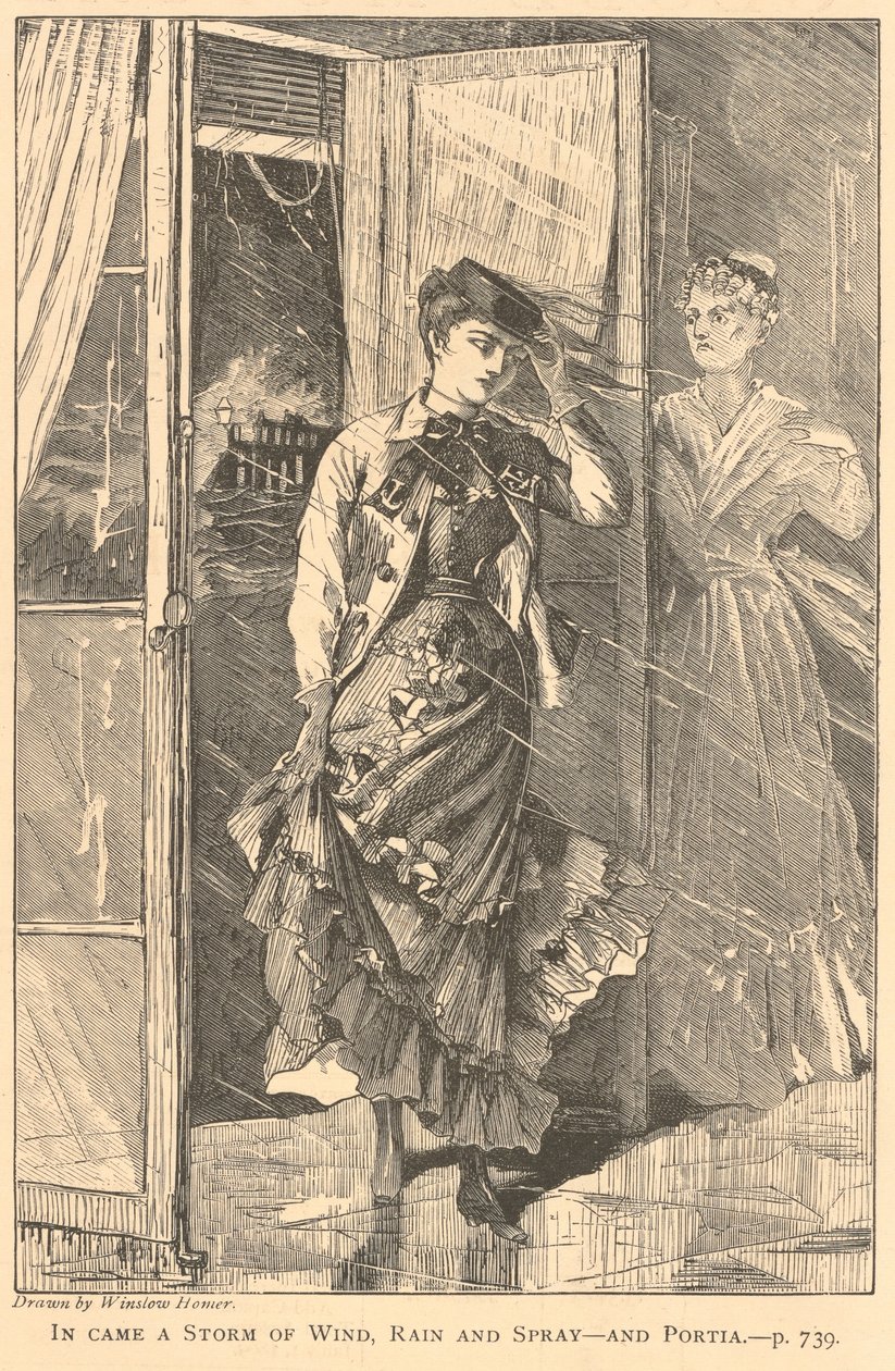 Llegó una tormenta de viento, lluvia y salpicaduras... y Portia, de «The Galaxy», diciembre de 1869 de Winslow Homer