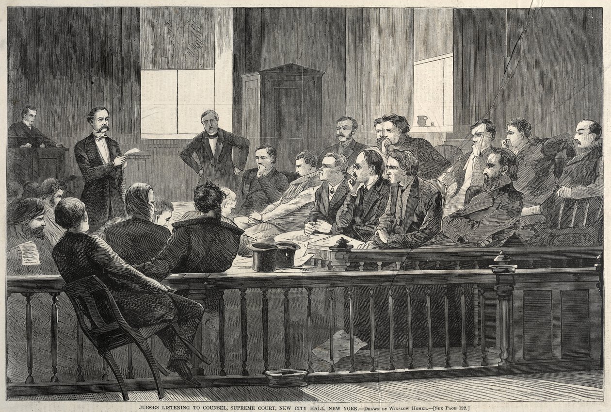 Jurado escuchando a los abogados, Tribunal Supremo, nuevo ayuntamiento, Nueva York de Winslow Homer