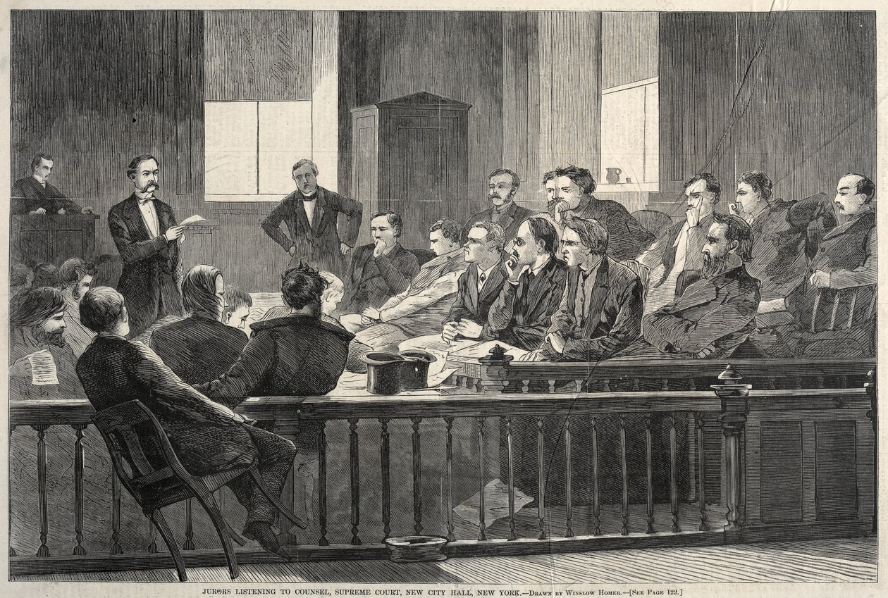 Jurados escuchando al abogado, Corte Suprema, Nuevo Ayuntamiento, Nueva York, 1869 de Winslow Homer