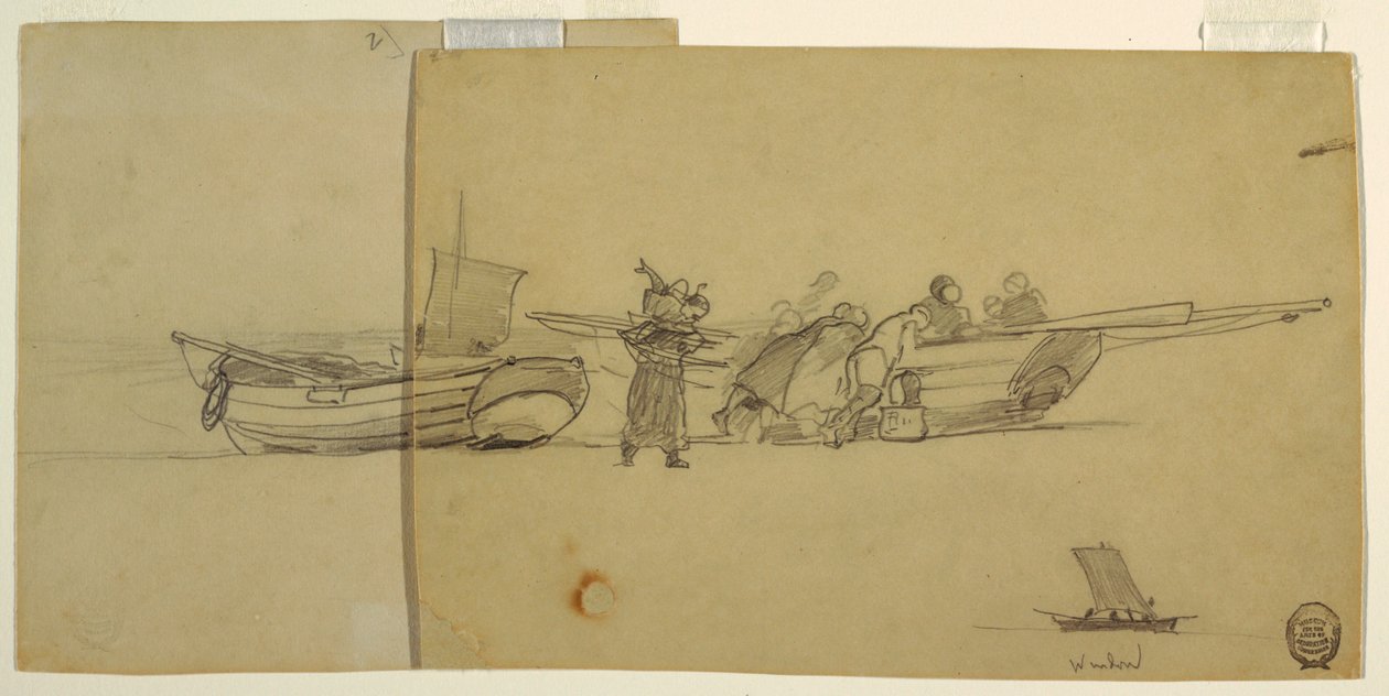 Hombres y mujeres descargando una dorna de pesca, Cullercoats, Inglaterra de Winslow Homer