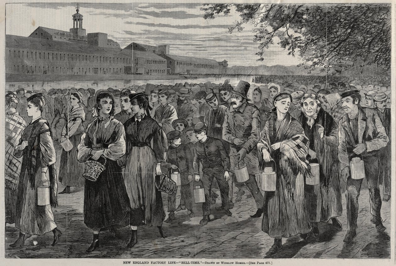 Vida en la fábrica de Nueva Inglaterra - Hora de la campana, 1868 de Winslow Homer