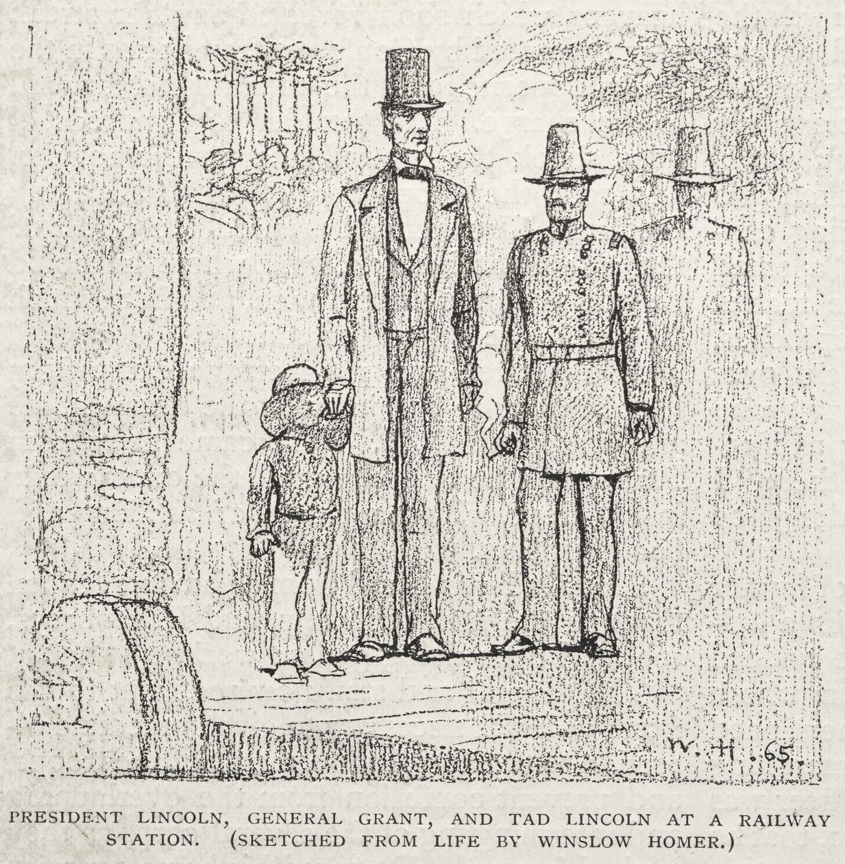 El presidente Lincoln, el general Grant y Tad Lincoln en una estación de tren de Winslow Homer